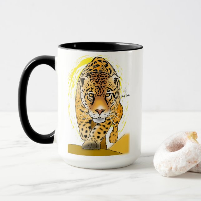 Coffee mug with painted leopard and self-help mess (With Donut)