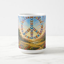 Coffee mug with peace sign drawn with butterflies