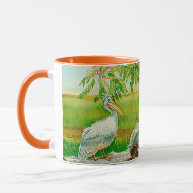 Coffee mug with pelicans, birds, zoo animals (Left)