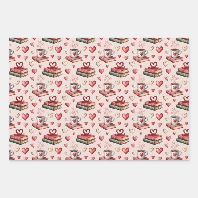 Coffee mugs with hearts wrapping paper sheet (Front)