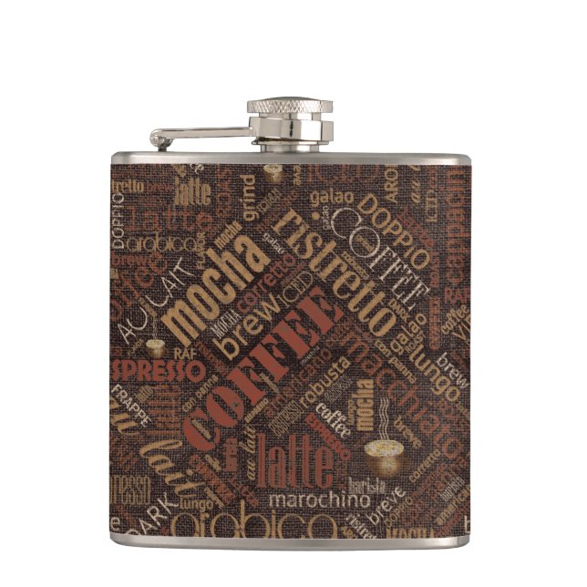 Coffee on Burlap Word Cloud Brown ID283 Hip Flask (Front)