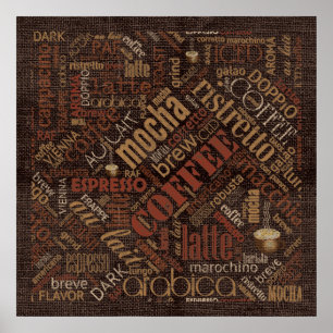 Coffee on Burlap Word Cloud Brown ID283 Poster