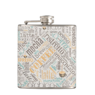 Coffee on Burlap Word Cloud Teal ID283 Hip Flask