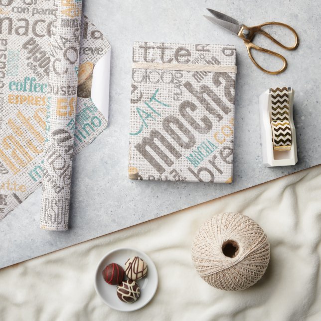 Coffee on Burlap Word Cloud Teal ID283 Wrapping Paper (Crafts)