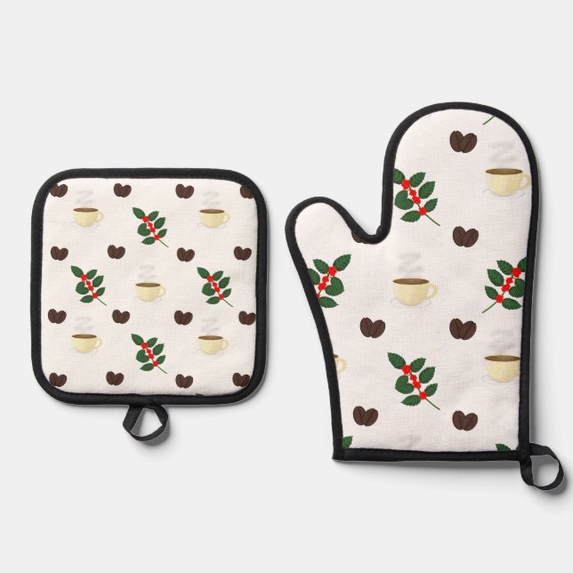 Coffee Pattern with Beans, Cups, and Coffee trees Oven Mitt & Pot Holder Set (Front)