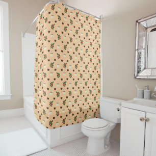 Coffee Pattern with Beans, Cups, and Coffee trees Shower Curtain