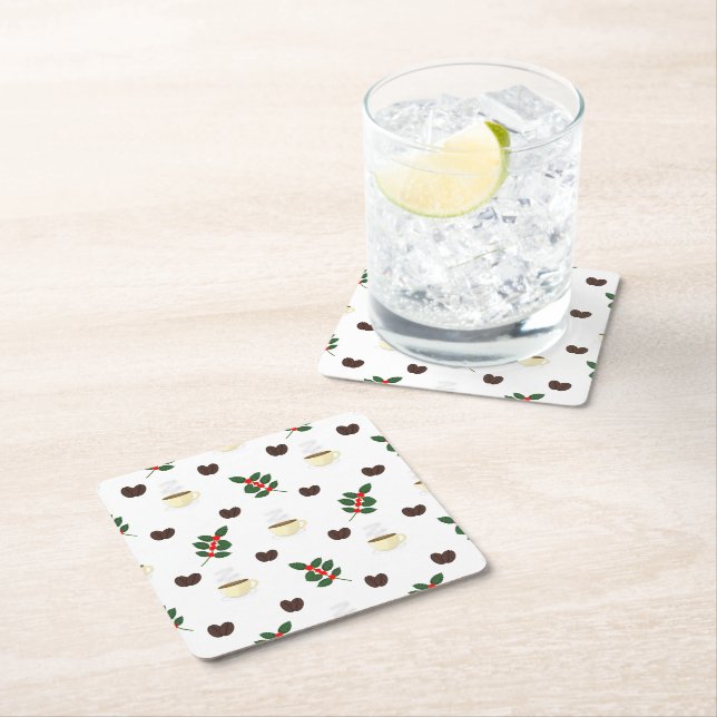 Coffee Pattern with Beans, Cups, and Coffee trees Square Paper Coaster (Insitu)