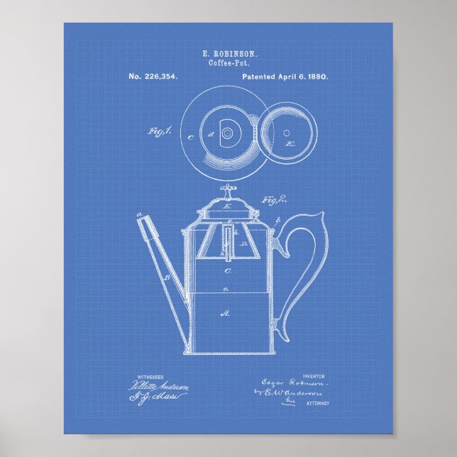 Coffee Pot 1880 Patent Art Blueprint Poster (Front)