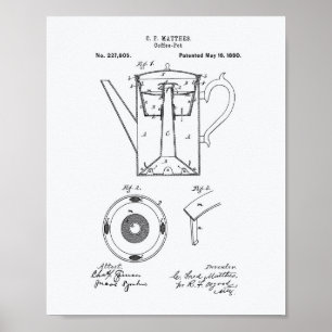 Coffee Pot 1880 Patent Art White Paper Poster