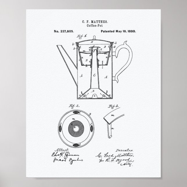 Coffee Pot 1880 Patent Art White Paper Poster (Front)
