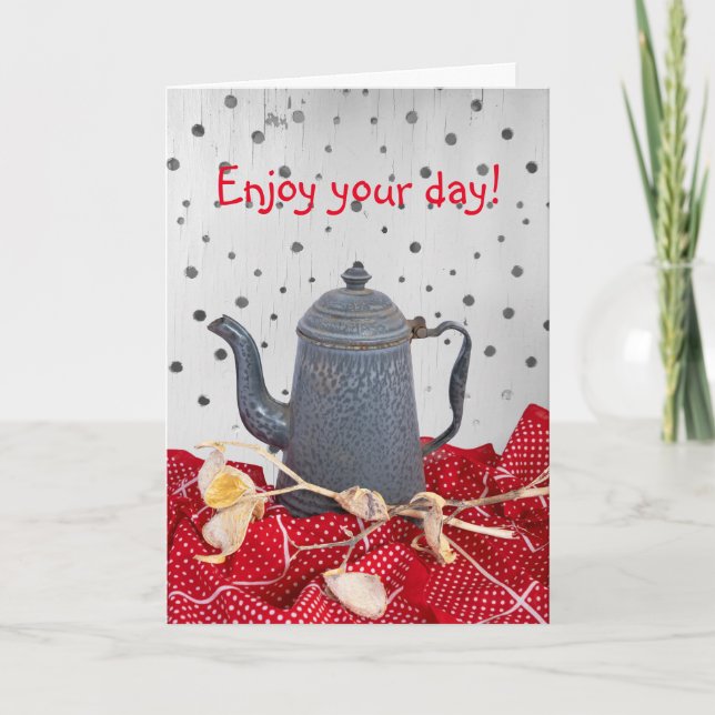 Coffee pot memories & red tablecloth Birthday card (Front)