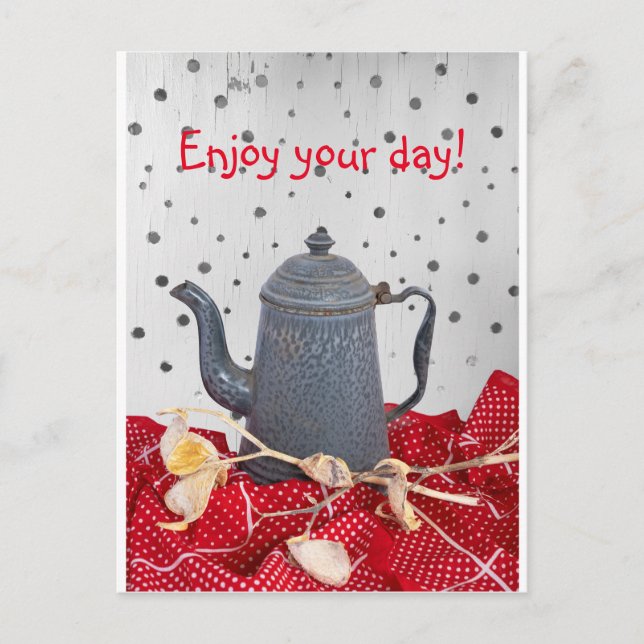 Coffee pot memories & red tablecloth greeting card (Front)