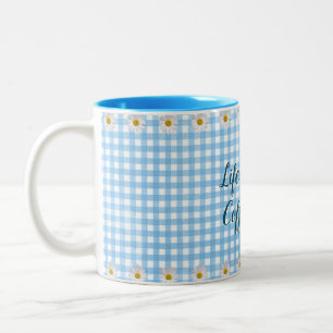 coffee quote on gingham Two-Tone coffee mug