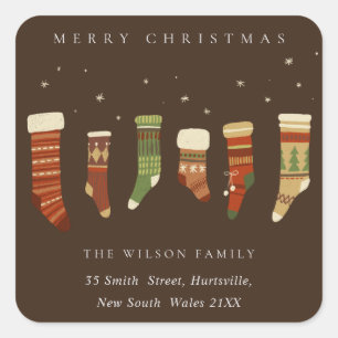COFFEE RED GREEN STAR CHIRSTMAS STOCKINGS ADDRESS SQUARE STICKER