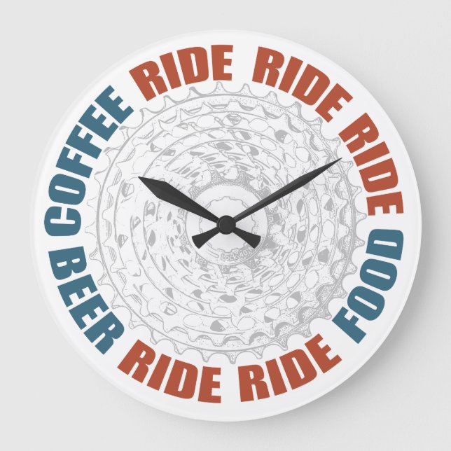 Coffee, Ride, Food, Ride, Beer Large Clock (Front)