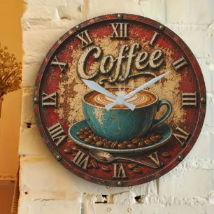 Coffee Rustic Farmhouse Bar Vintage Kitchen Large Clock
