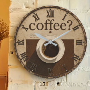Coffee? Rustic Farmhouse Vintage Coffee Lover Large Clock