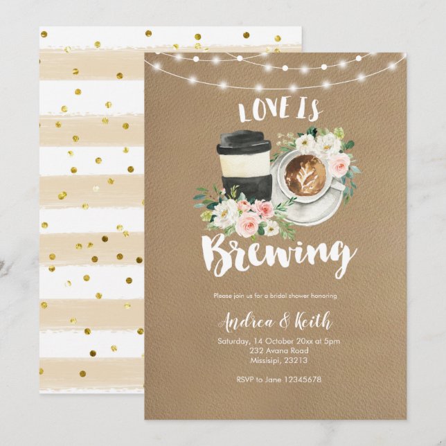 Coffee Rustic Kraft Love is Brewing Bridal Shower Invitation (Front/Back)