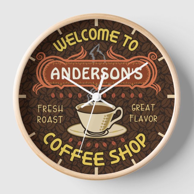 Coffee Shop Beans Coffeehouse | Add Your Name Clock (Front)