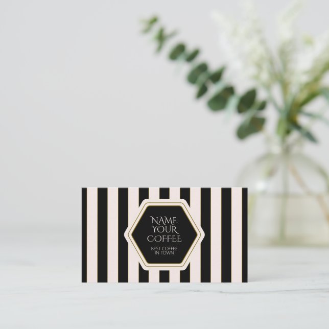 Coffee Shop Black and Cream Stripes with Gold Business Card (Standing Front)