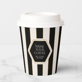 Coffee Shop Black and Cream Stripes with Gold Paper Cups