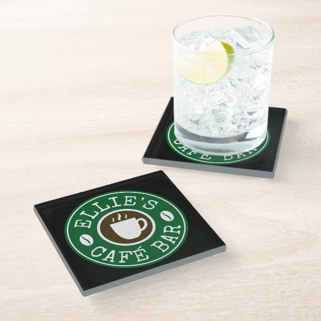 Coffee shop business logo custom glass coaster (Angled)