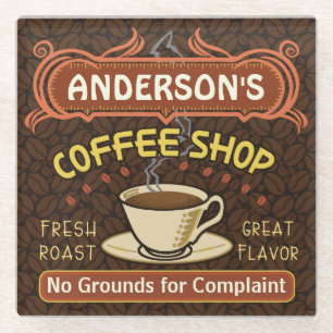 Coffee Shop Custom Name Beans Mug Personalised Glass Coaster