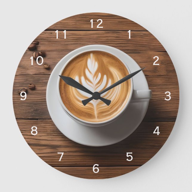 Coffee Shop Latte Cappuccino on Table Art Large Clock (Front)