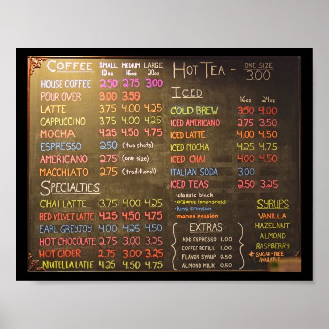 Coffee Shop Menu Board - 8x10 Poster (Front)