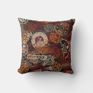 Coffee shop rubber stamp and grunge badge collecti cushion