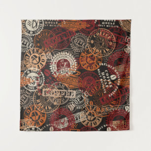 Coffee shop rubber stamp and grunge badge collecti tapestry