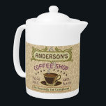 Coffee Shop with Cup Create Your Own Personalised<br><div class="desc">This coffee-themed teapot is perfect for anyone who runs their own coffee shop or has a coffee theme in their home kitchen decor. Done in retro brown, green, purple and hints of orange, this espresso / cappuccino inspired design features a cup on a saucer, two personalised text banners and the...</div>