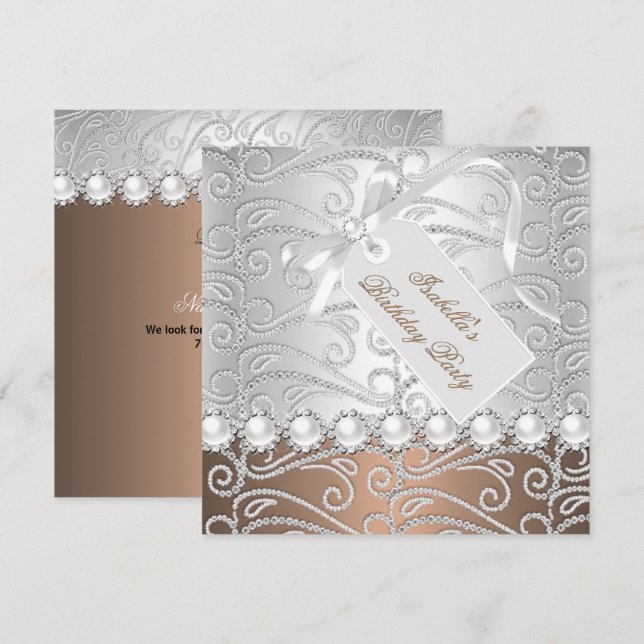 Coffee Silver Pearl Diamonds Birthday Party Invitation (Front/Back)