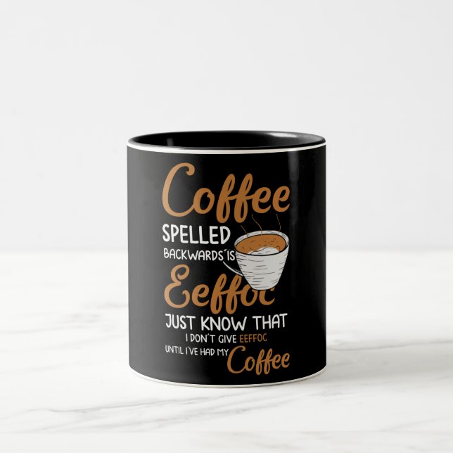 Coffee Spelled Backwards Two-Tone Coffee Mug (Center)