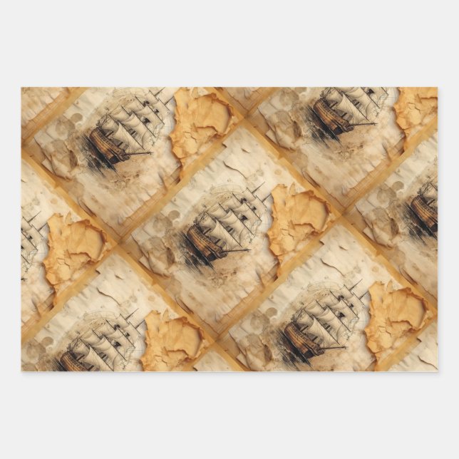 Coffee stained collage sail wrapping paper sheet (Front)