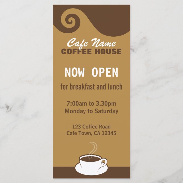 Coffee Swirls Cafe Menu Coffee Shop Rack Cards (Front)