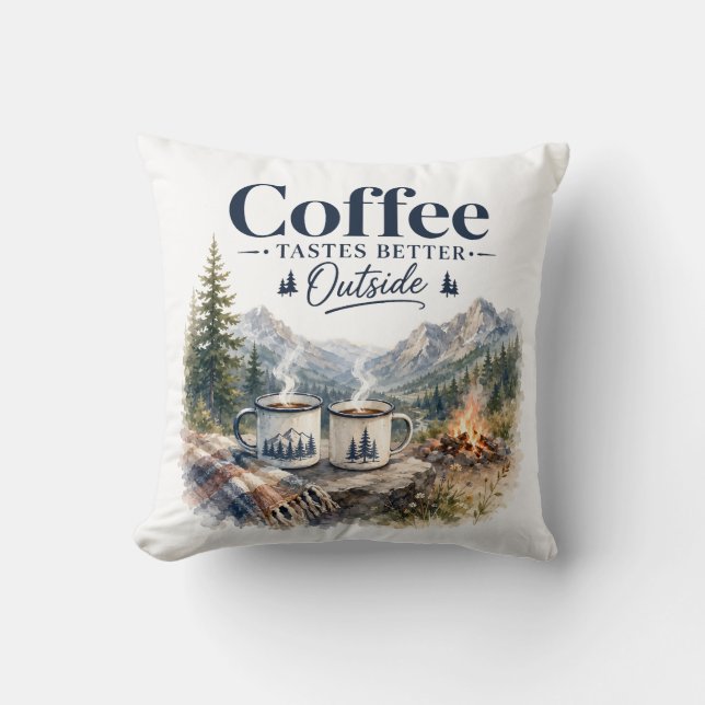 Coffee Tastes Better Outside Mountain Campfire Cushion (Front)