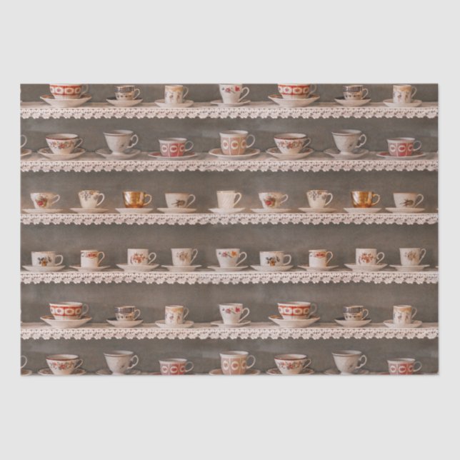 Coffee & Tea Cups On A Shelf Cute Photo Pattern Tissue Paper (Front)