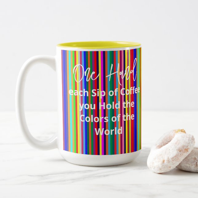 Coffee Tea Mugs, Colours of the World Stripes  Two-Tone Coffee Mug (With Donut)