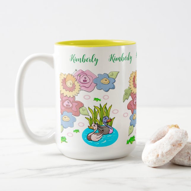 Coffee Tea Mugs, Floral Ducks Pond  Two-Tone Coffee Mug (With Donut)