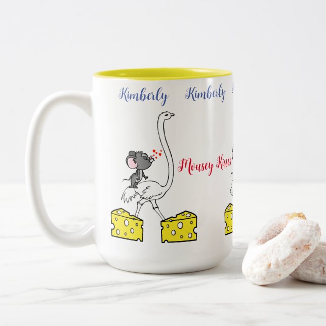 Coffee Tea Mugs, Mouse Ostrich Cheese Love Kisses  Two-Tone Coffee Mug (With Donut)