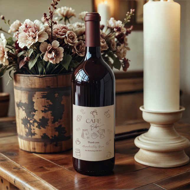 Coffee Theme Beige Cafe Bebe Brewing Baby Shower Wine Label (Creator Uploaded)