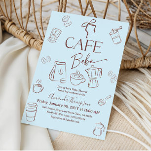 Coffee Theme Blue Bow Cafe Bebe Boy Baby Shower Invitation