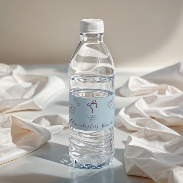 Coffee Theme Blue Bow Cafe Bebe Boy Baby Shower Water Bottle Label (Creator Uploaded)