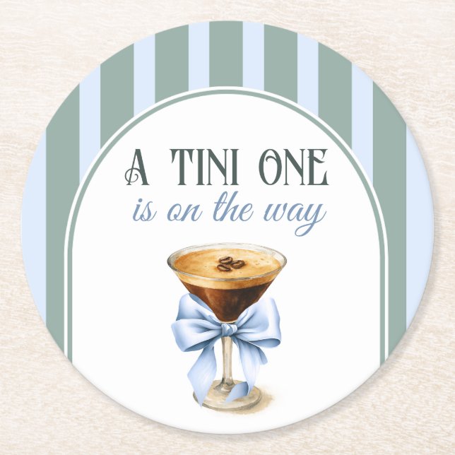Coffee Theme Espresso Martini Blue Bow Baby Shower Round Paper Coaster (Front)