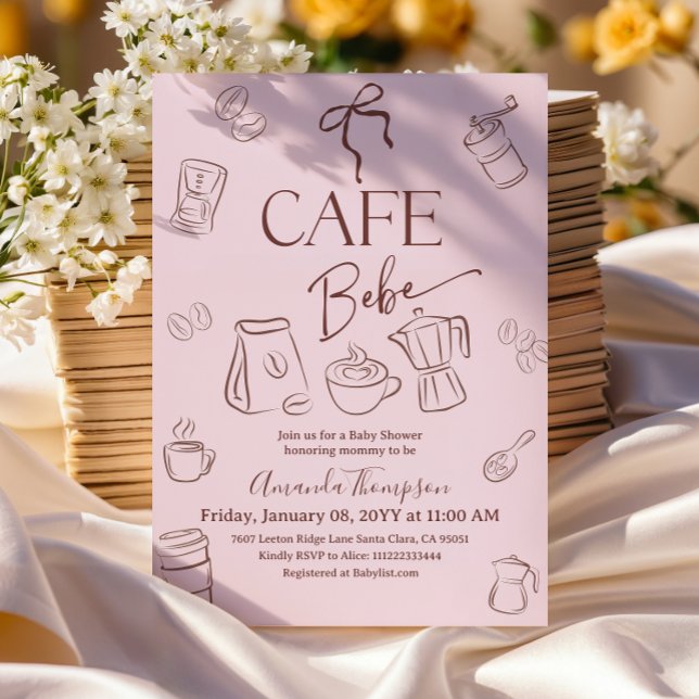 Coffee Theme Pink Bow Cafe Bebe Girl Baby Shower Invitation (Creator Uploaded)