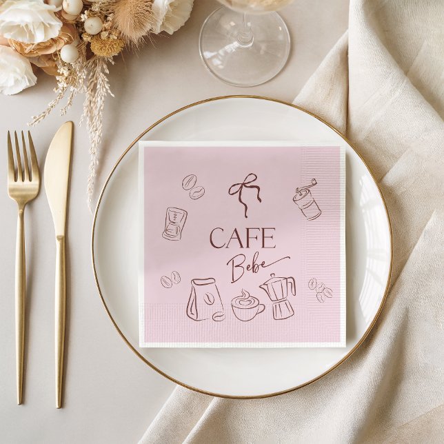 Coffee Theme Pink Bow Cafe Bebe Girl Baby Shower Napkin (Creator Uploaded)