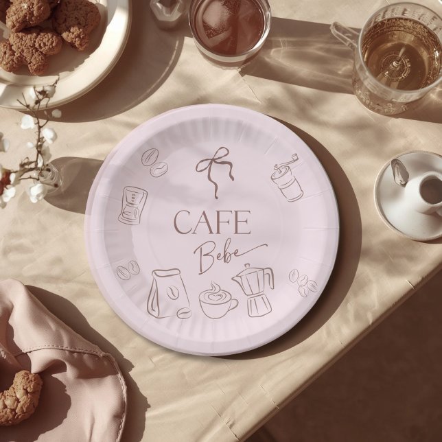 Coffee Theme Pink Bow Cafe Bebe Girl Baby Shower Paper Plate (Creator Uploaded)