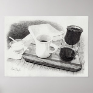 Coffee Themed Realistic Detailed Pencil Drawing Poster