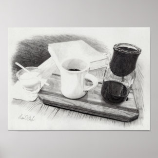 Coffee Themed Realistic Detailed Pencil Drawing Poster
